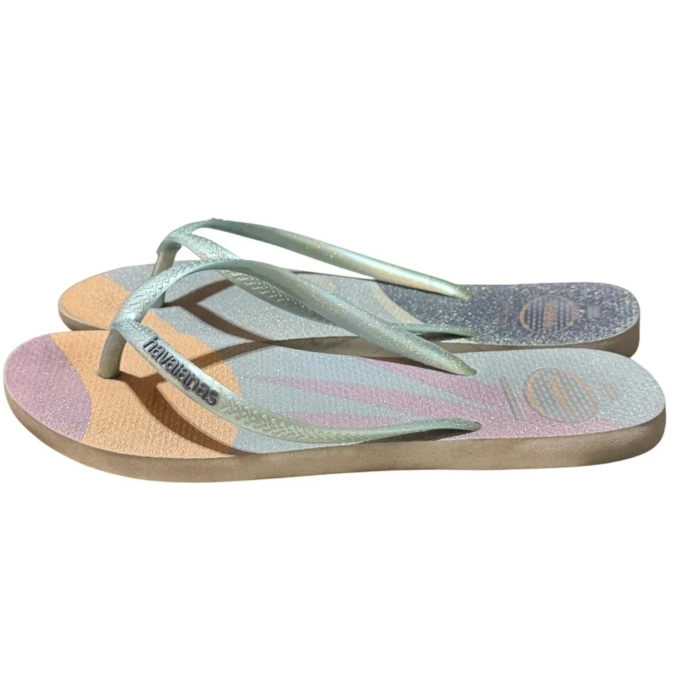Havaianas Flip Flops Womens 9/10 Multi Color Rubber Slim Glitter Cosmic Beach
